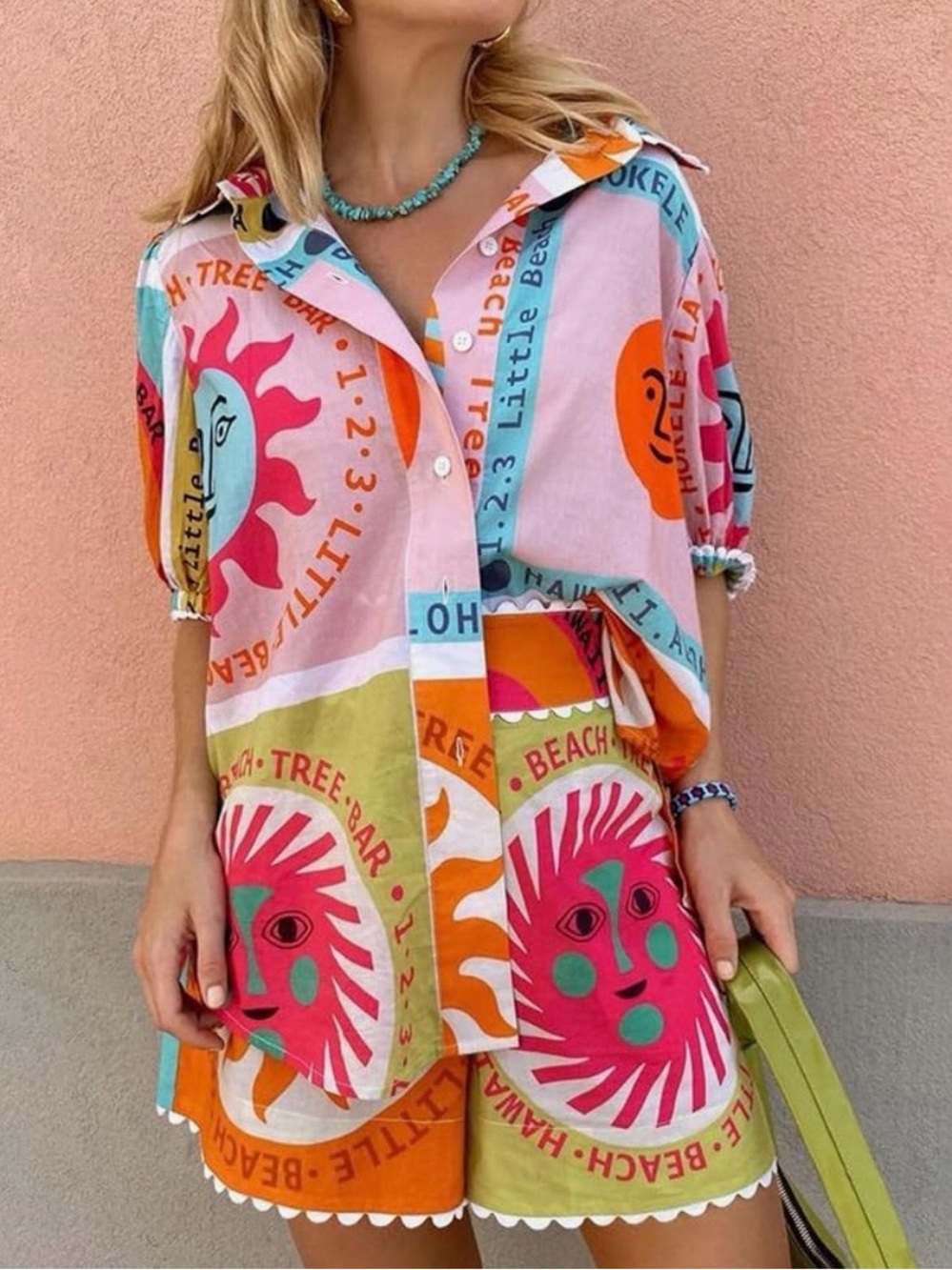 Women 2pc Sun Print Short Sleeve Shirts Elastic Waist shorts